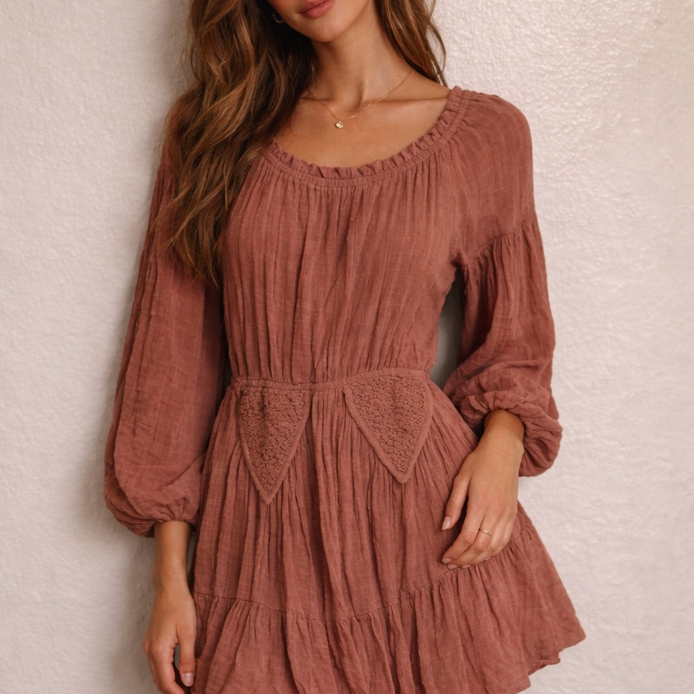 Free People Mauve Rust Long Sleeve Smocked Waist Dress